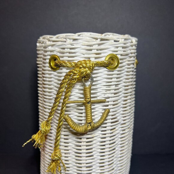 Vintage White & Gold Woven Wicker Nautical Anchor Basket Jar Canister 6.5 x 4" - Picture 2 of 7
